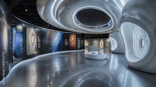 A black hole installation in a museum gallery, the rotating ceiling simulates the distorted space near the black hole, the booth carries out the popularization of the content of the black hole.