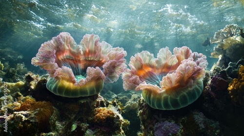 A pair of Flower Pot Corals with their lush, petal-like polyps extending gracefully in the clear ocean water, surrounded by other coral species photo