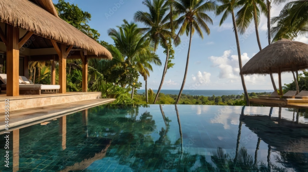 Luxurious paradise with infinity pool, lush jungle, and thatched cabana Luxurious paradise with infinity pool, lush jungle, and thatched cabana