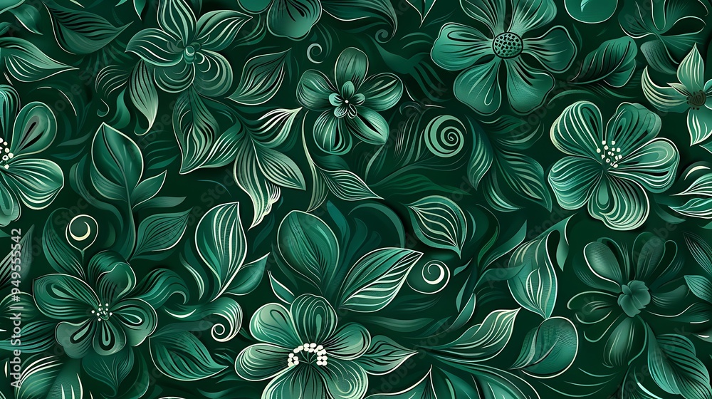 Abstract Green Floral Pattern with Detailed Petals and Leaves Abstract Green Floral Pattern with Detailed Petals and Leaves