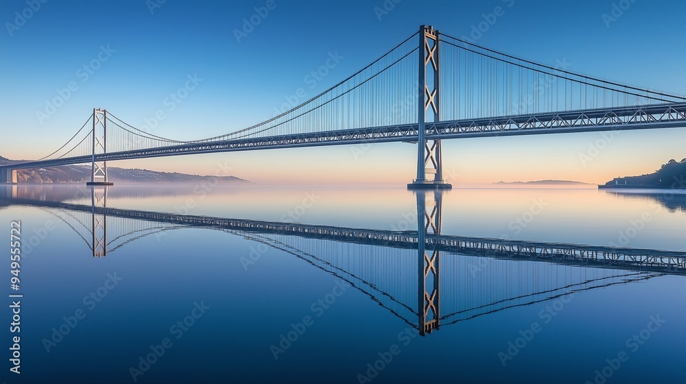 Suspension bridge reflected on calm water at twilight scenery Suspension bridge reflected on calm water at twilight scenery