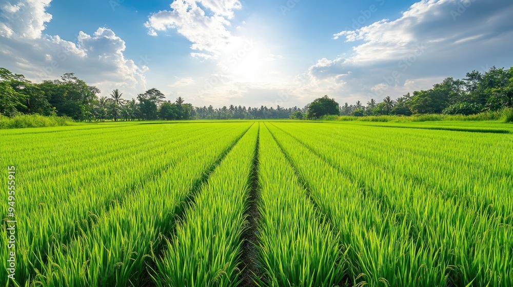 A panoramic view of a lush rice paddy with perfectly aligned rows of vibrant green plants, under a bright, cloudless sky, symbolizing growth and abundance A panoramic view of a lush rice paddy with perfectly aligned rows of vibrant green plants, under a bright, cloudless sky, symbolizing growth and abundance