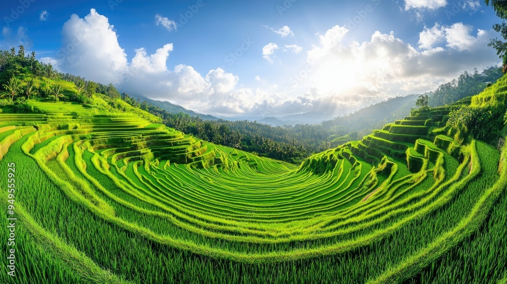 A panoramic view of a lush rice paddy with perfectly aligned rows of vibrant green plants, under a bright, cloudless sky, symbolizing growth and abundance A panoramic view of a lush rice paddy with perfectly aligned rows of vibrant green plants, under a bright, cloudless sky, symbolizing growth and abundance