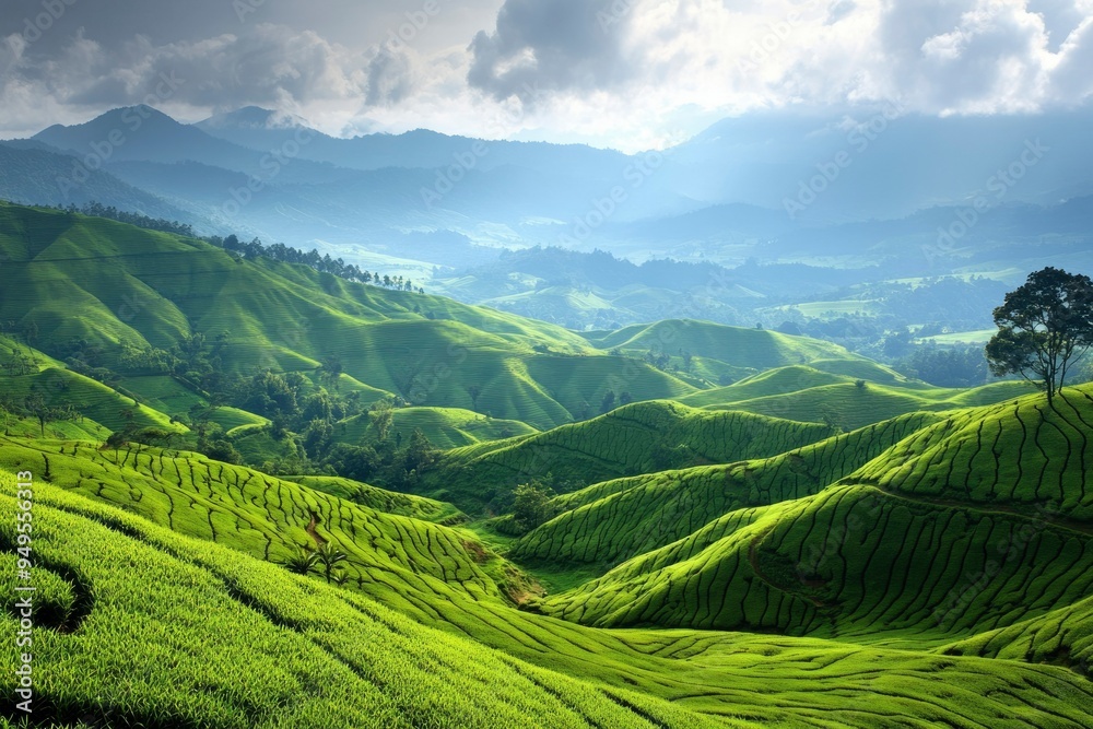 Rolling Green Hills with a Single Tree and Distant Mountains Rolling Green Hills with a Single Tree and Distant Mountains