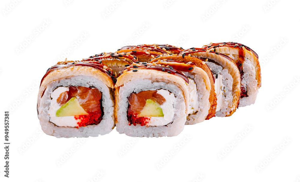 Sushi set showing salmon avocado and cream cheese filling Sushi set showing salmon avocado and cream cheese filling