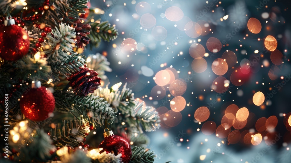 A Christmas tree with red ornaments and lights A Christmas tree with red ornaments and lights