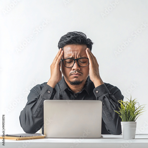 a malay graphic designer in his office has a bad headache from all the work he has to do in his laptop, simple white background