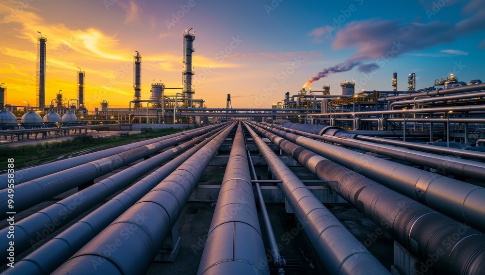 Industrial Pipes Leading to Refinery at Sunset Industrial Pipes Leading to Refinery at Sunset