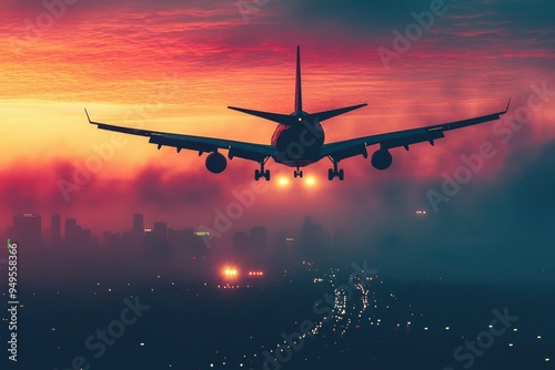 Airplane Landing with City Lights at Dusk