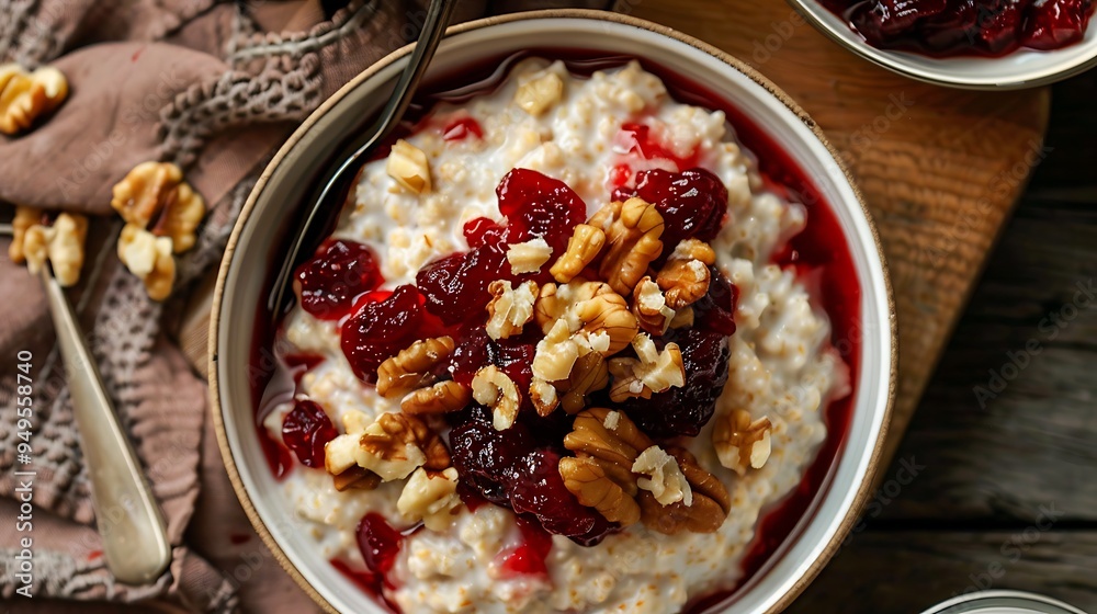 A dish of standard oatmeal with walnuts and cranberry sauce on top A dish of standard oatmeal with walnuts and cranberry sauce on top