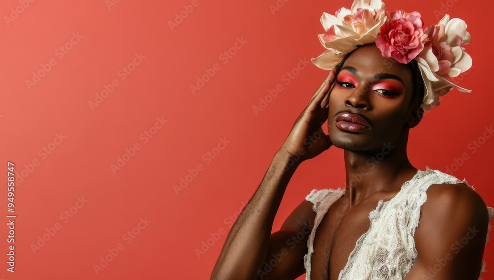 A beautiful black drag queen in a white outfit, posing for the camera A beautiful black drag queen in a white outfit, posing for the camera