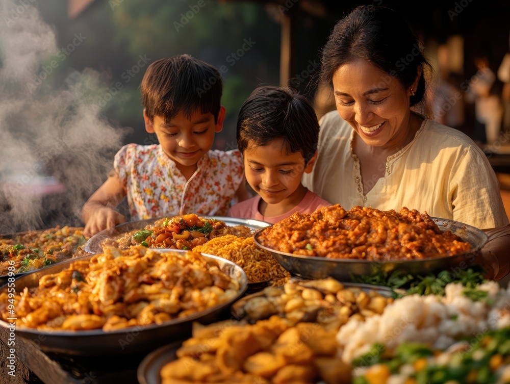 A family trying out traditional cuisine at a street food stall, surrounded by local dishes