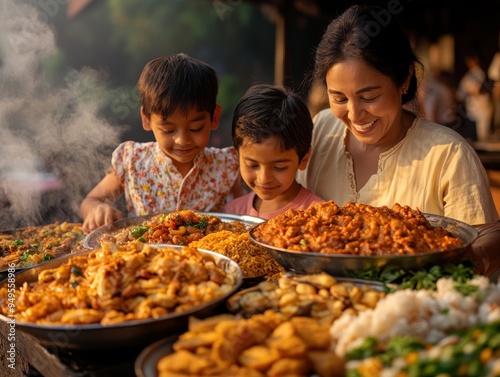Obraz na płótnie A family trying out traditional cuisine at a street food stall, surrounded by local dishes w salonie
