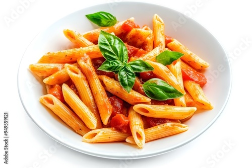 mezze penne with tomato sauce dish, white backgroundmezze penne with tomato sauce dish, white background