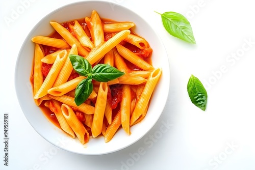 mezze penne with tomato sauce dish, white backgroundmezze penne with tomato sauce dish, white background