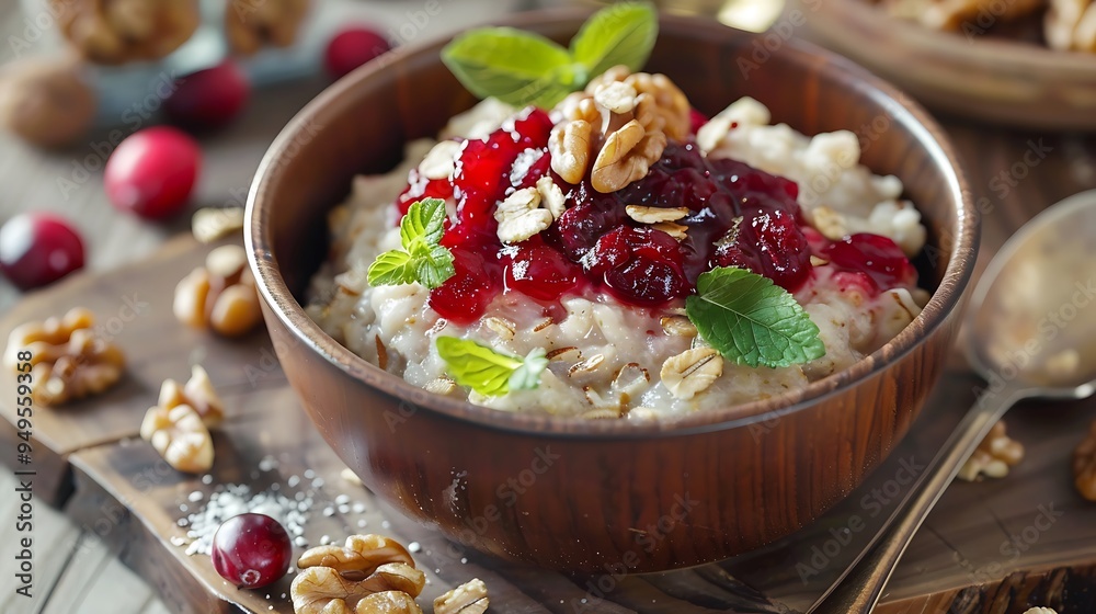 A dish of standard oatmeal with walnuts and cranberry sauce on top