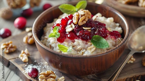 A dish of standard oatmeal with walnuts and cranberry sauce on top