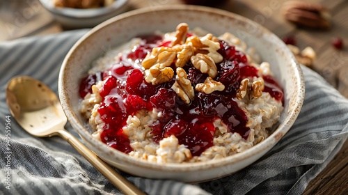 A dish of standard oatmeal with walnuts and cranberry sauce on top