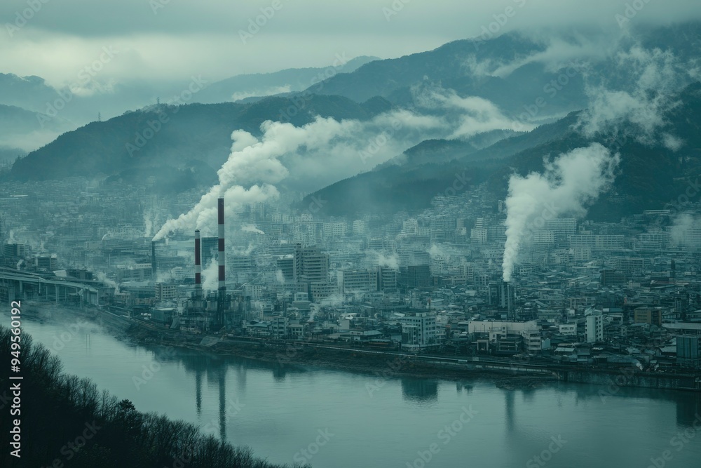 Fototapeta premium Foggy Industrial Cityscape with River and Mountains