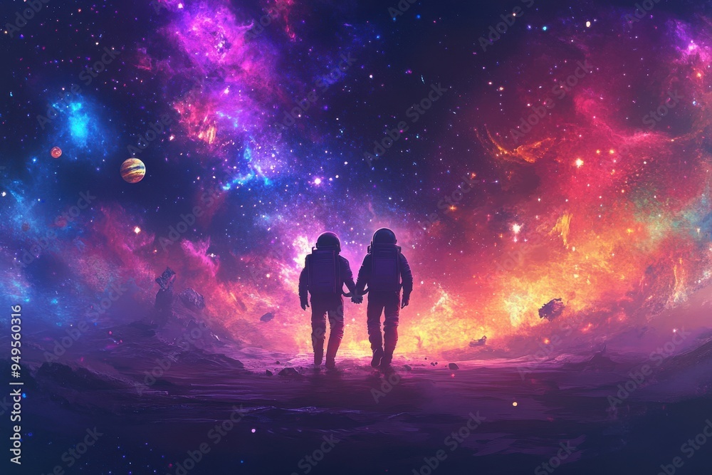 Fototapeta premium Couple Silhouette in Space with Colorful Galaxy Background, Cosmic Love and Adventure Concept 
