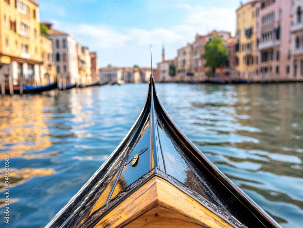 A gondola gliding through the canals of Venice, with buildings reflecting on the water