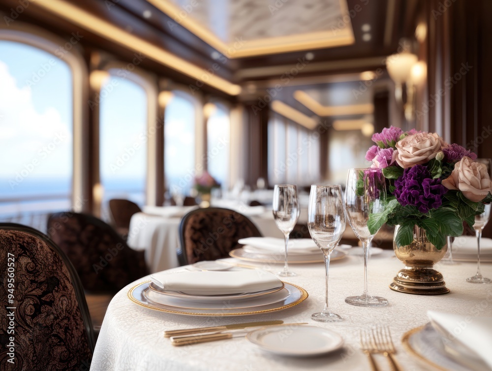 A grand dining room on a cruise ship with elegant settings and people dining