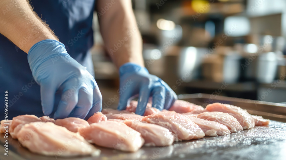 In a brightly lit factory, a dedicated worker in a blue plastic apron and gloves meticulously cuts chicken fillets on a stainless steel table, showcasing their craftsmanship In a brightly lit factory, a dedicated worker in a blue plastic apron and gloves meticulously cuts chicken fillets on a stainless steel table, showcasing their craftsmanship