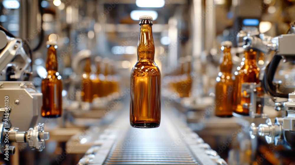 Robotic arms elegantly lift amber bottles above a bustling bottling line in a state-of-the-art brewery, showcasing modern production techniques Robotic arms elegantly lift amber bottles above a bustling bottling line in a state-of-the-art brewery, showcasing modern production techniques