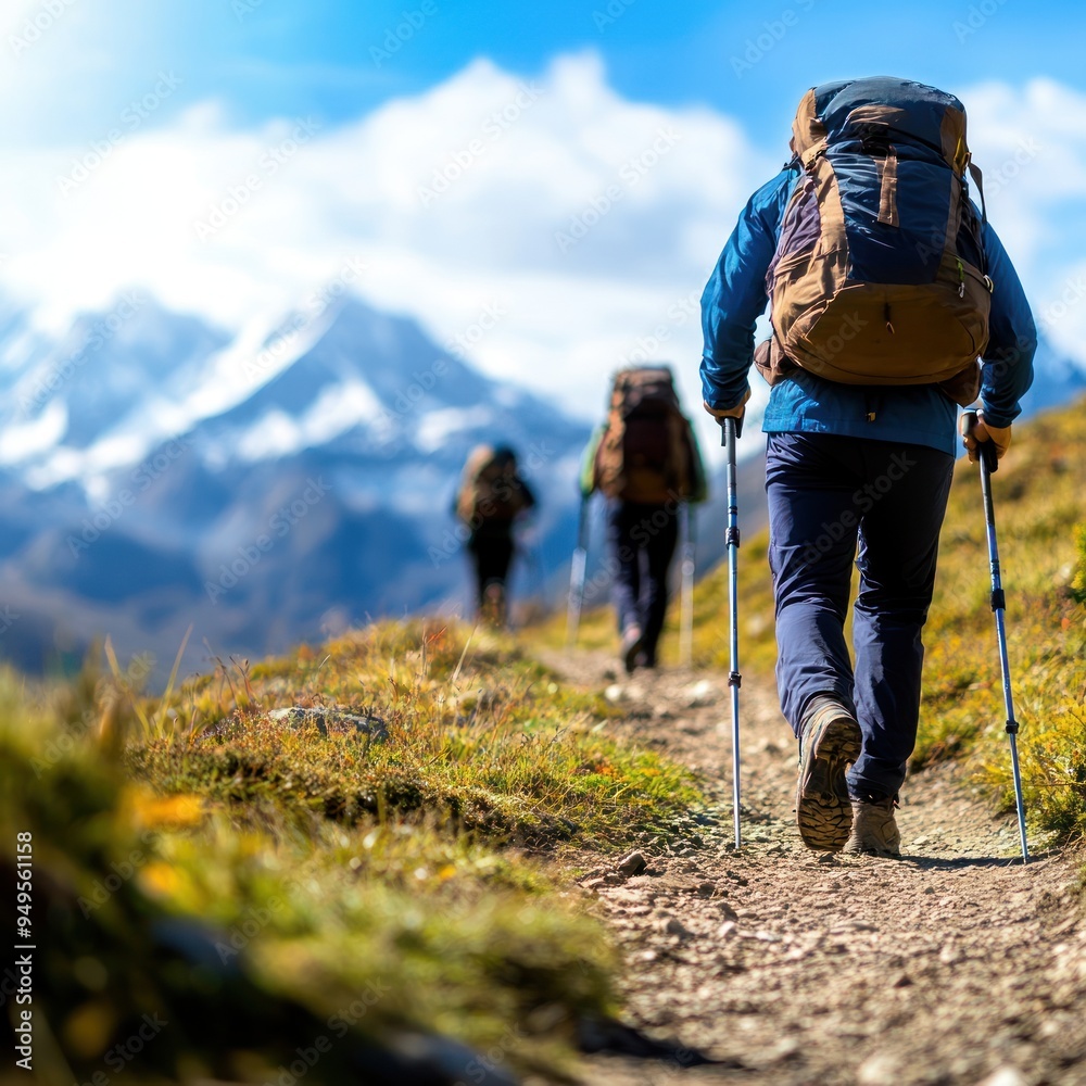 A group of friends hiking up a mountain trail, with backpacks and trekking poles