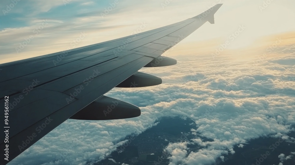 Obraz premium Awesome view of the Earth under the airplane wing. Amazing landscape is visible through airplane window. Traveling by plane. Flying in the sky among clouds.