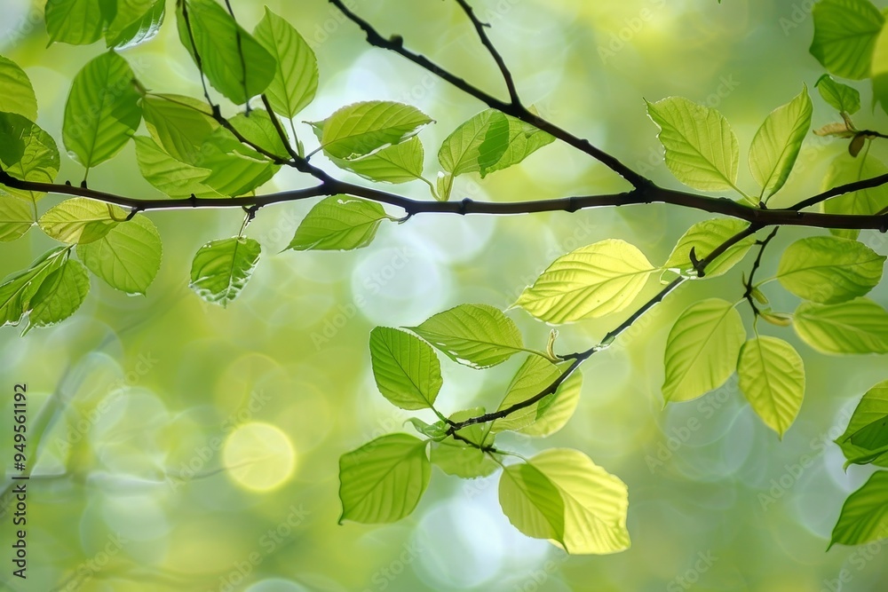 A branch of a tree covered in vibrant green leaves in the soft spring breeze, Soft spring breeze rustling through newly grown leaves A branch of a tree covered in vibrant green leaves in the soft spring breeze, Soft spring breeze rustling through newly grown leaves