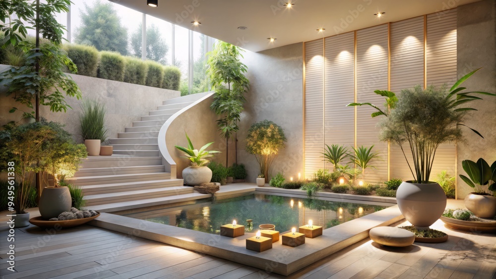 Relaxing Botanical Spa Escape Calming Fresh Lavender Ambient Whimsical Minimalist Winding Water Features Serene Outdoor Oasis Contemporary