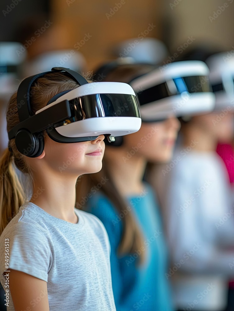 Children using VR headsets to explore historical events, immersive learning experience, education, technologydriven curriculum Children using VR headsets to explore historical events, immersive learning experience, education, technologydriven curriculum