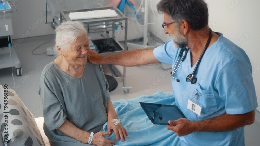 Elderly male doctor examining a senior female patient in hospital and using a digital tablet