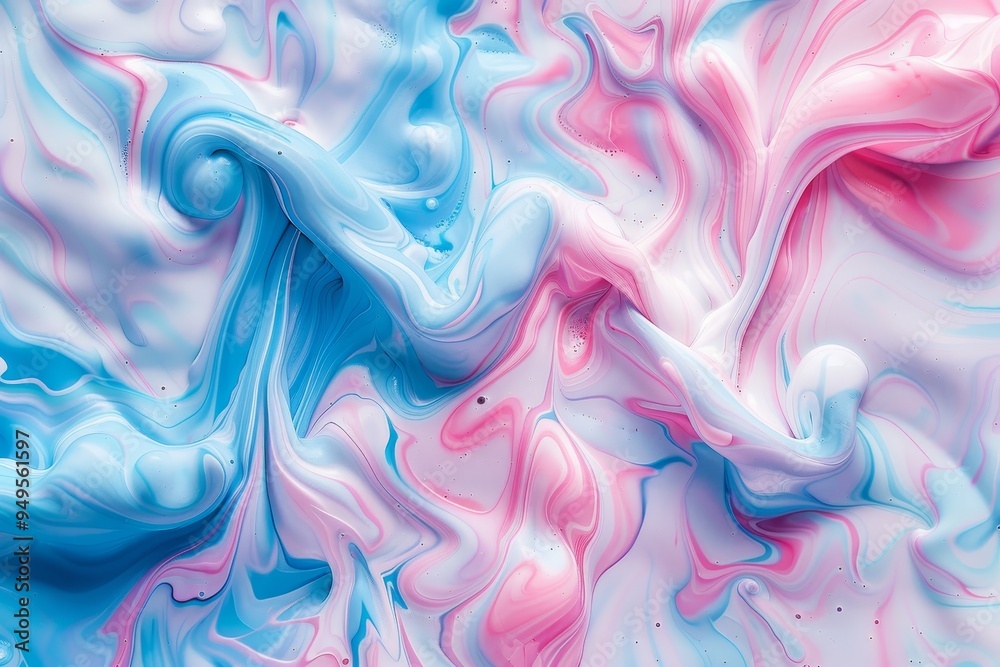 Fototapeta premium Swirls of blue, pink, and white blend in a close-up view, Soft swirls of pink and blue ink blending together in a mesmerizing pattern