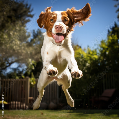 Brittany Spaniel Jumping in a backyard
