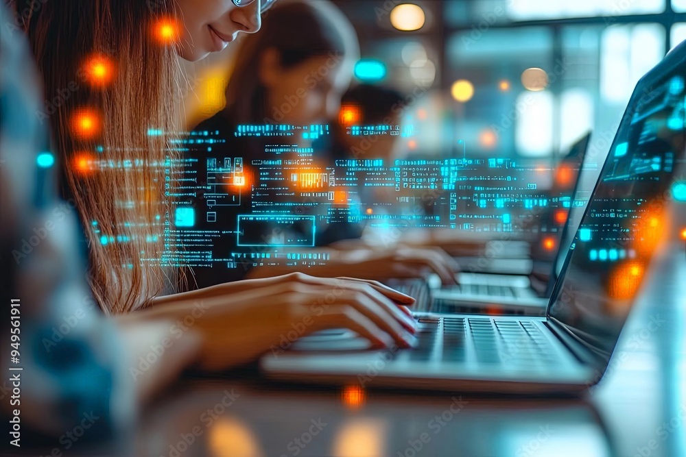 Personalized education through machine learning, students on laptops, curriculum, adaptive learning technology Personalized education through machine learning, students on laptops, curriculum, adaptive learning technology
