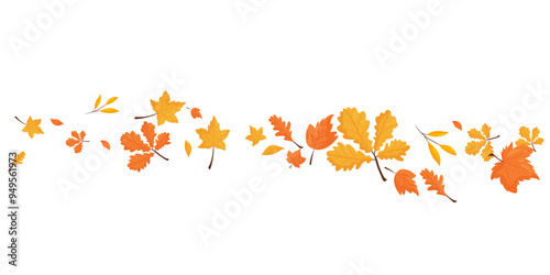 Autumn leaves seamless border. Wave of falling leaves on a transparent background