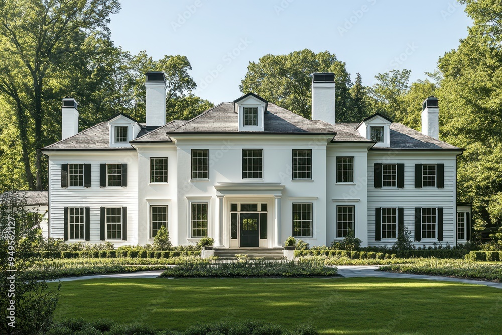 Fototapeta premium A large, elegant white mansion surrounded by lush greenery and a well-maintained garden.