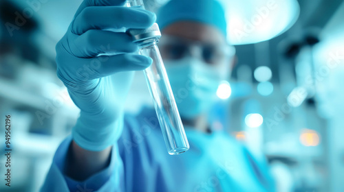 In a state-of-the-art lab, a doctor's hand grips a test tube, focusing intently on crafting a unique liquid template for a solid object