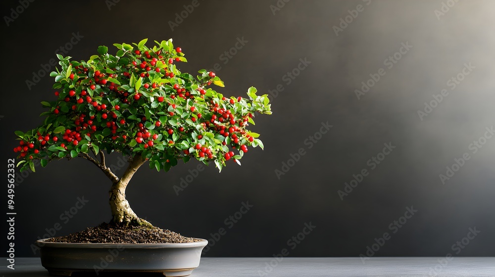 Lush Miniature Bonsai Tree in Potted Planter with Red Berries on Dark Background Lush Miniature Bonsai Tree in Potted Planter with Red Berries on Dark Background