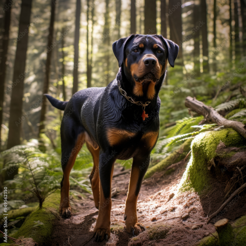 Rottweiler Standing in a dense forest Rottweiler Standing in a dense forest