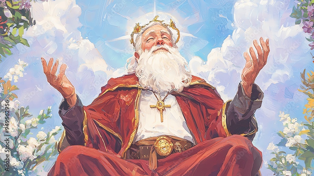 Fototapeta premium A majestic wise king with a white beard and crown, symbolizing authority and wisdom amidst a serene sky and blooming nature.