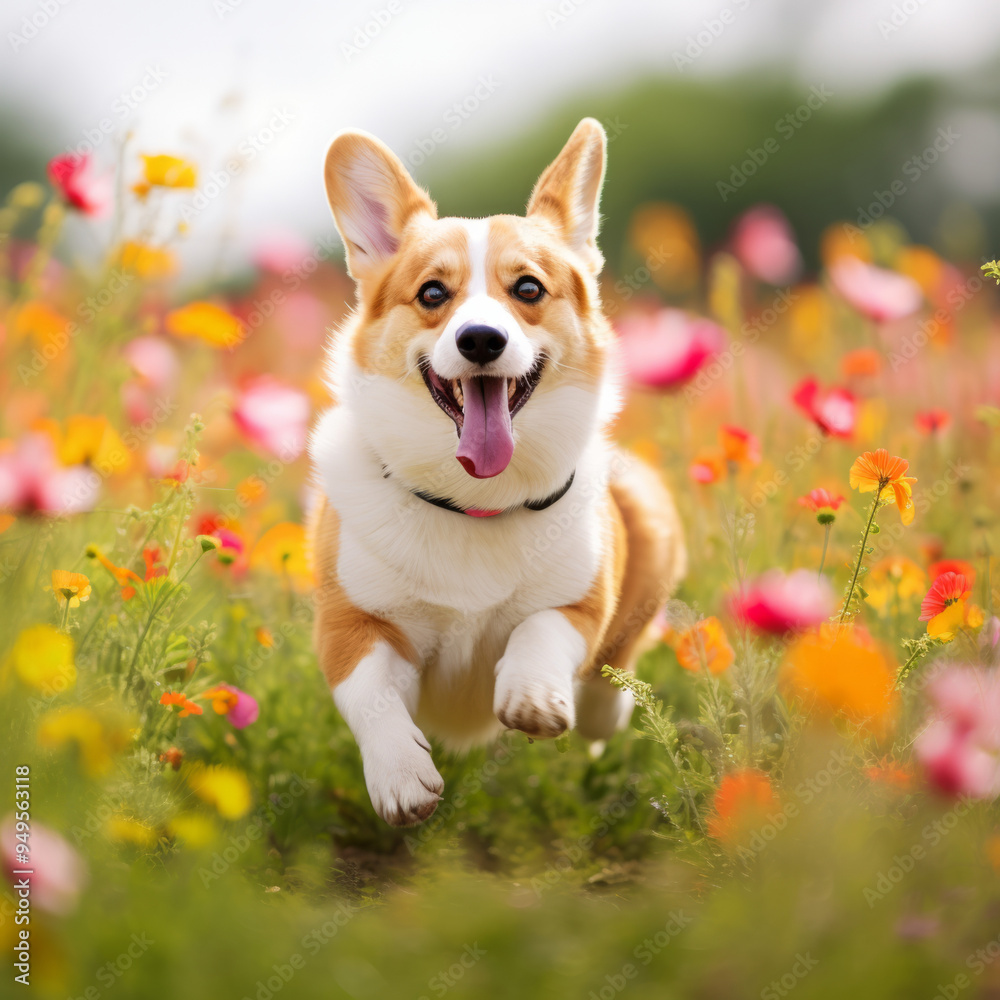 Corgi Trotting through a flower-filled meadow Corgi Trotting through a flower-filled meadow
