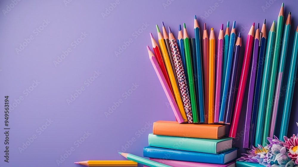 Colorful pencils arranged on stacked books against purple background Colorful pencils arranged on stacked books against purple background