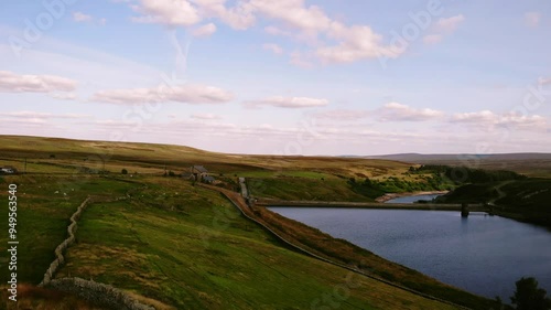 Reservoir in Holmfirth Peak District aerial drone  photo