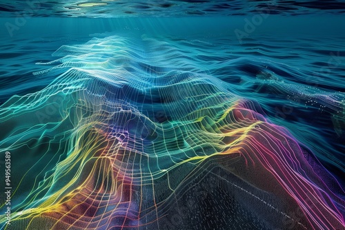A computer-generated depiction of a powerful wave in the ocean, Sonar readings mapping the movements of submarines beneath the surface of the ocean