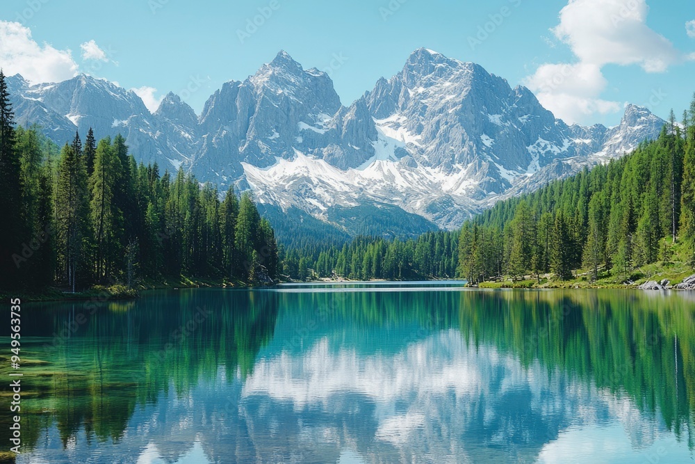 Serene Mountain Lake with Reflection of Snowy Peaks Serene Mountain Lake with Reflection of Snowy Peaks