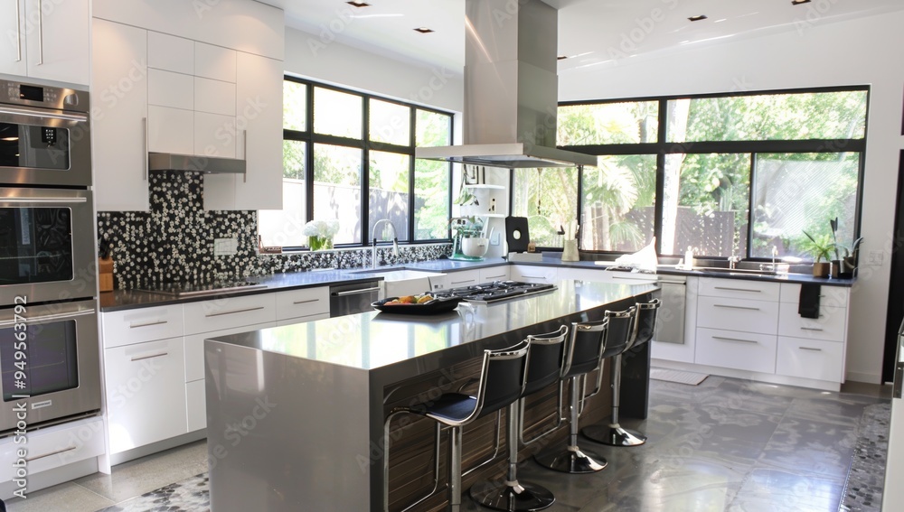 Fototapeta premium Modern Kitchen with Stainless Steel Appliances and Island Seating