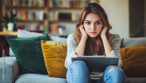 Young Woman Sitting on a Couch with a Laptop photo